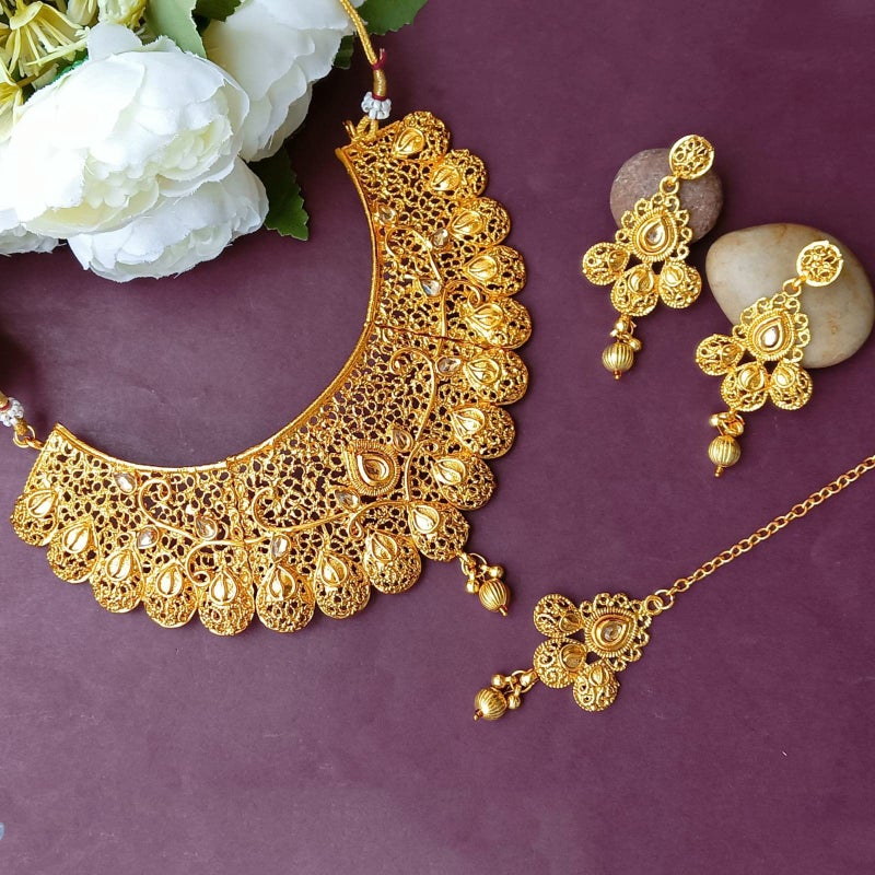 Efulgenz Indian Bridal Jewelry Set for Wedding Indian Gold Jewelry Traditional Bollywood Crystal Kundan Choker Necklace Earrings Maang Tikka - Image 2